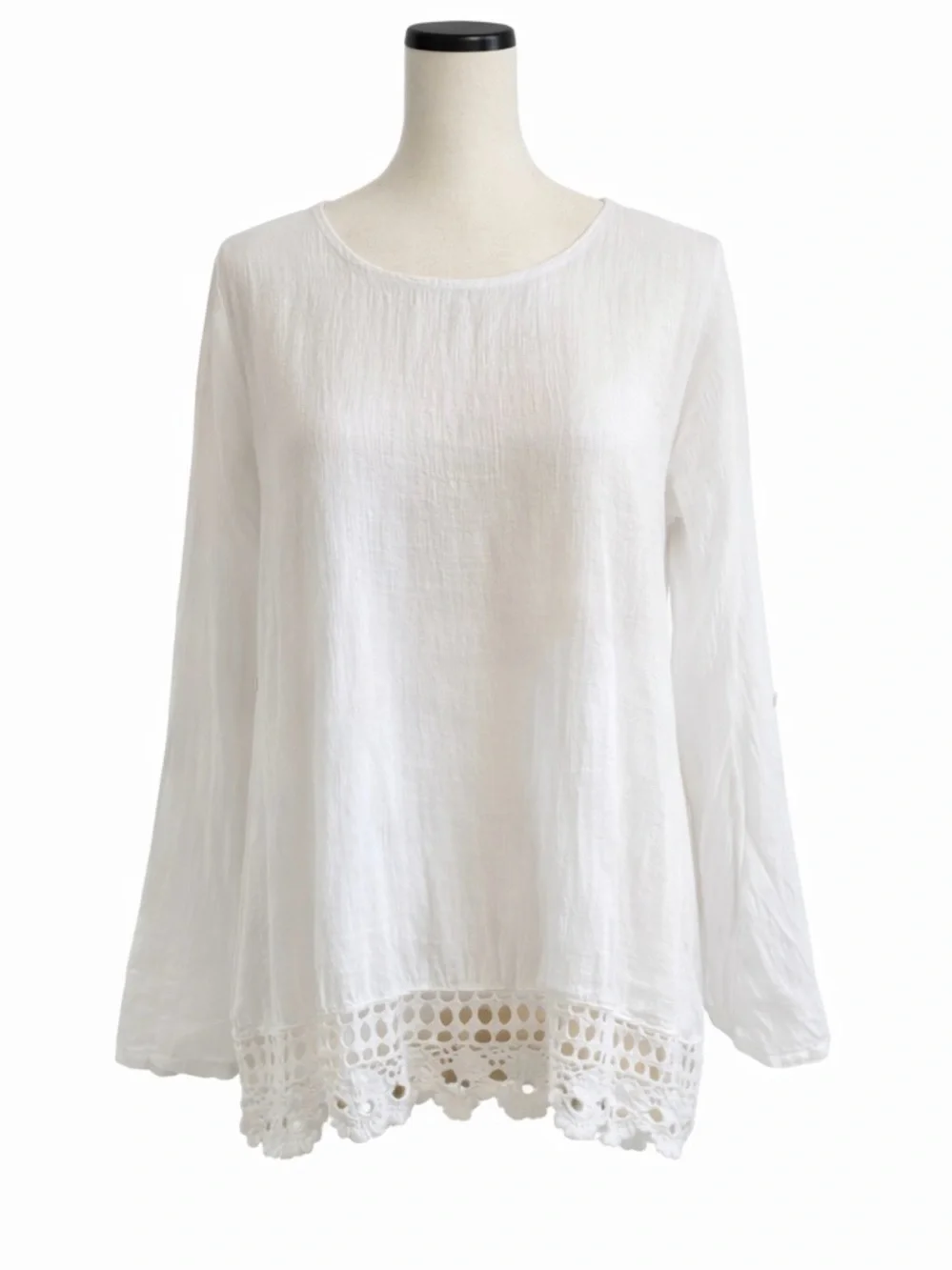 Terzo Millennio 100% Linen Top White Crochet Hem Long Sleeve Made in Italy Sz L - Picture 1 of 6